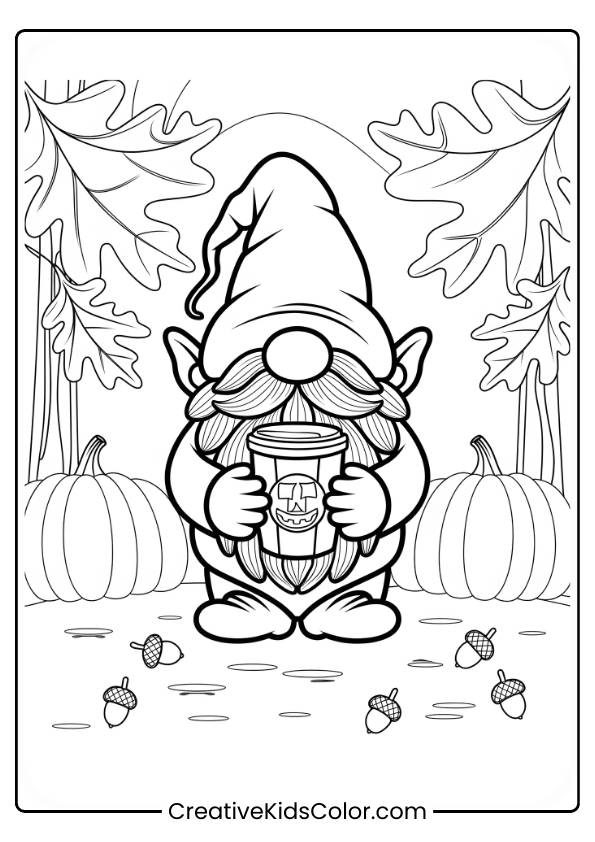 A Gnome Holding A Pumpkin Spice Cup In A Fall Forest Is Illustrated In This Coloring Page.