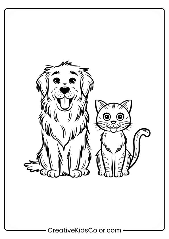 Golden Retriever And Cat Sitting Side By Side With Relaxed Expressions In A Dog Coloring Page.
