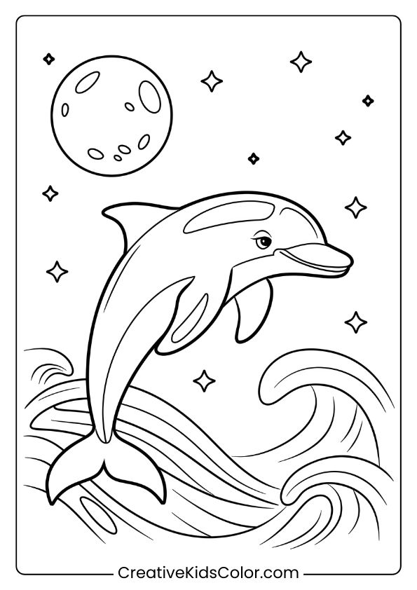 A Dolphin Gliding Under Moonlight Waves, A Serene And Calming Coloring Page.