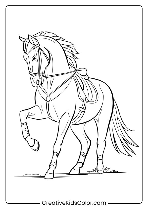 A Majestic Dressage Horse, Side Profile With Graceful Mane, Ideal For Detailed Coloring.