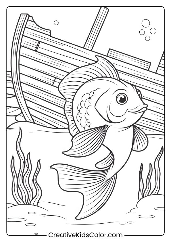 A Graceful Fish Swims By A Sunken Ship, With Bubbles Rising Around In This Mysterious Underwater Coloring Page.