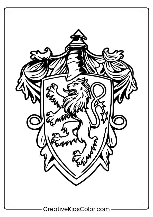 The Gryffindor House Crest, With Its Majestic Lion And Ornate Detailing, Is The Focus Of This Intricate Coloring Page.