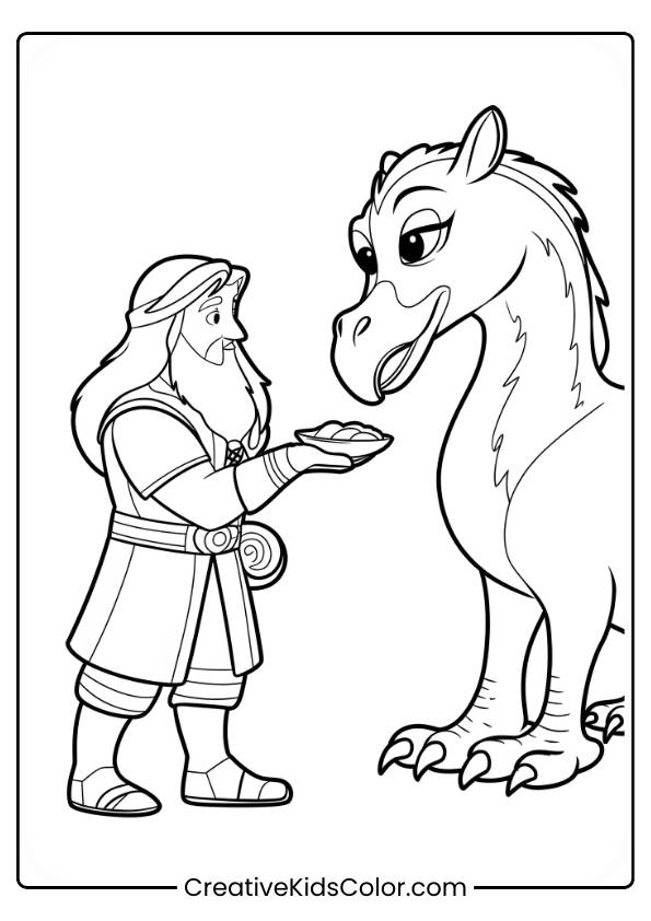 Hagrid Offers Food To A Large Hippogriff, Illustrating His Bond With Magical Creatures In This Detailed Coloring Page.