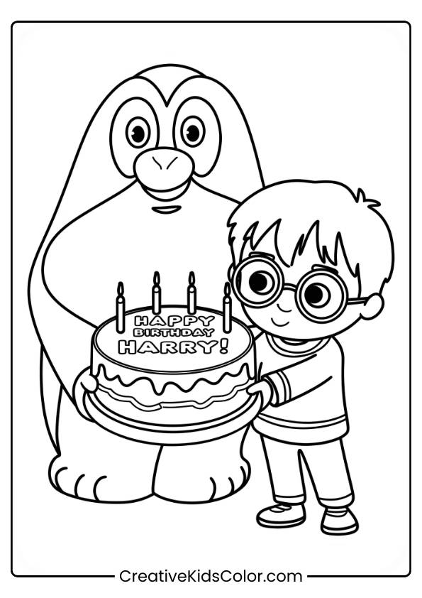 Hagrid Holds Out A Birthday Cake With &Quot;Happy Birthday Harry!&Quot; Written On It, Celebrating Harry'S Special Day In This Coloring Page.
