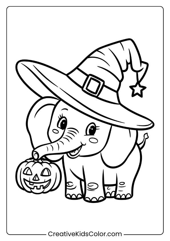Coloring Page Of An Elephant In A Witch Hat Holding A Carved Pumpkin.