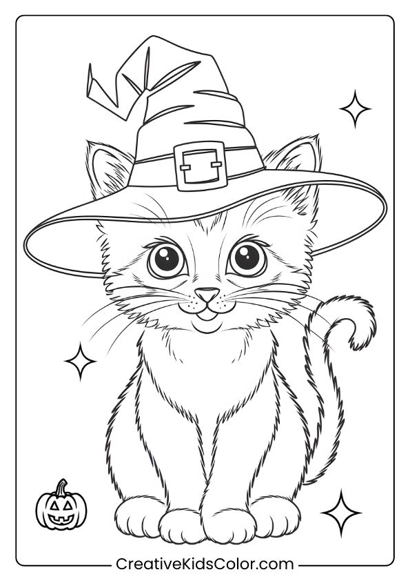 A Halloween Kitten Wearing A Witch Hat With Stars And A Pumpkin, Perfect For A Festive Coloring Page.