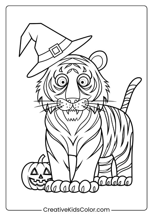 Halloween Tiger Coloring Page Featuring A Tiger In A Witch’s Hat With A Carved Pumpkin Nearby.
