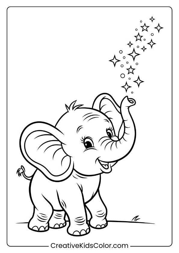 Coloring Page Of A Baby Elephant Blowing Stars.