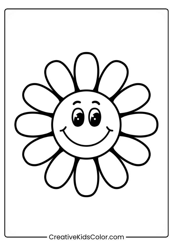 A Smiling Daisy With A Playful, Cheerful Expression, Perfect For Young Children To Color.
