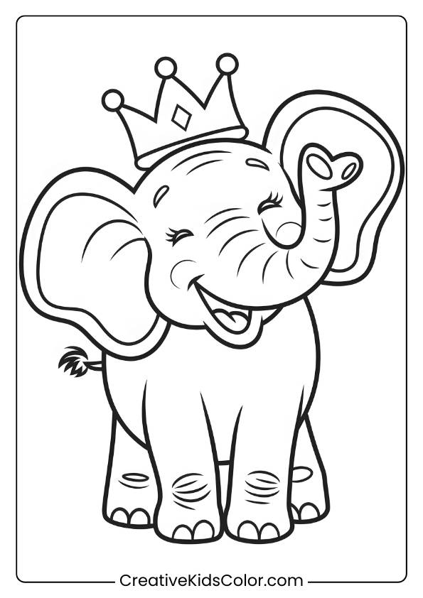 Coloring Page Of A Happy Elephant With A Crown.