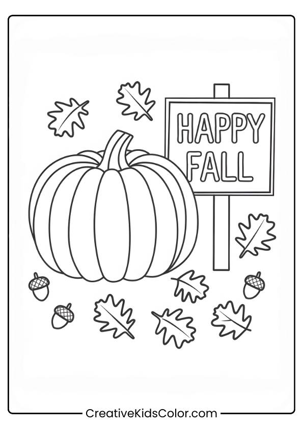 A Pumpkin With Autumn Leaves And &Quot;Happy Fall&Quot; Text In This Fall-Themed Coloring Page.