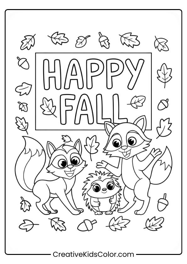 Woodland Creatures Playing With Autumn Leaves Under A &Quot;Happy Fall&Quot; Sign In This Coloring Page.