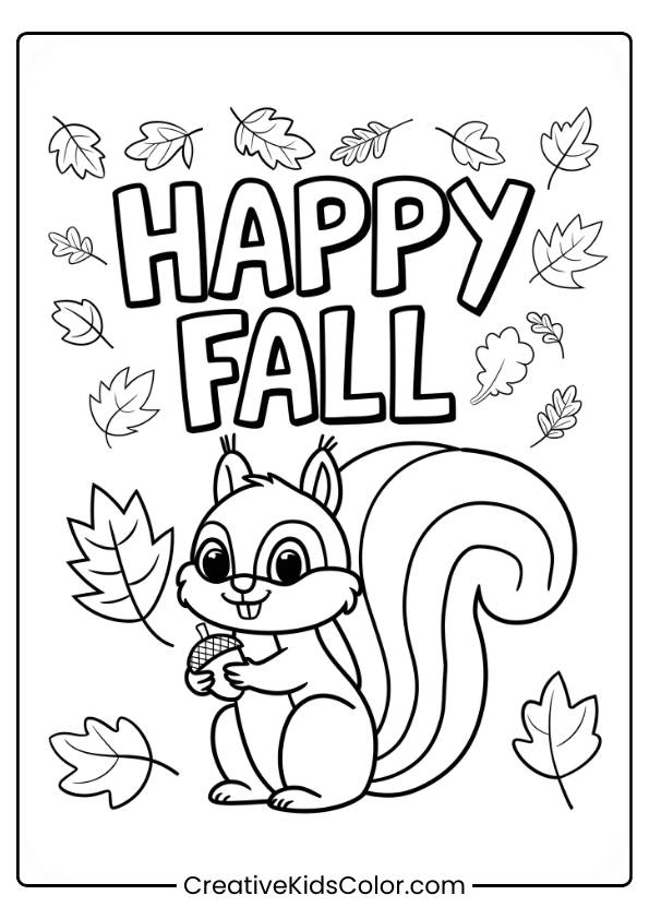 A Squirrel With An Acorn Under A &Quot;Happy Fall&Quot; Sign In This Autumn-Themed Coloring Page.