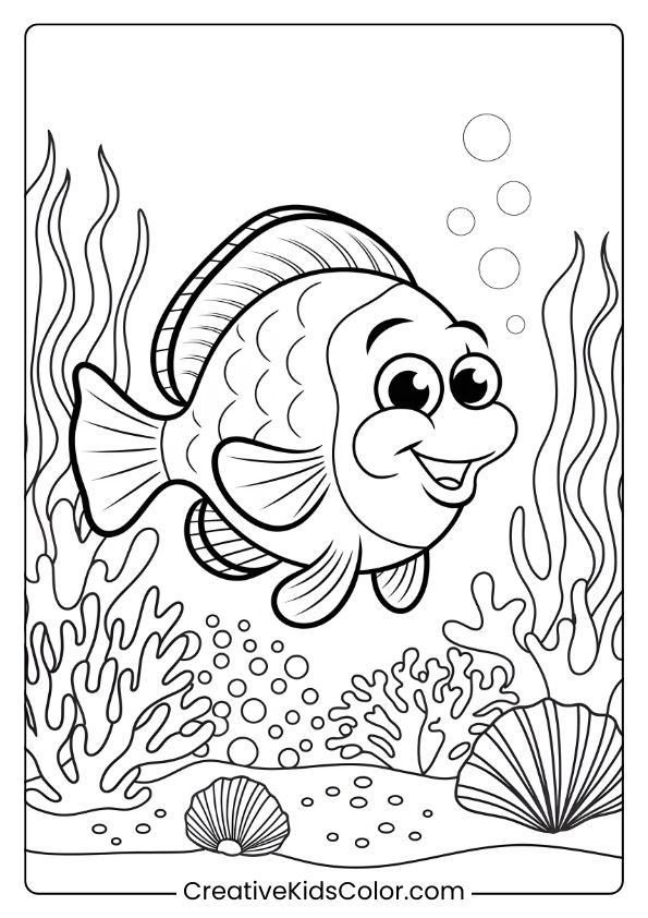 A Joyful Fish With Scales Swims Among Seaweed And Shells, Surrounded By Bubbles, Creating A Lively Underwater Coloring Page Scene.
