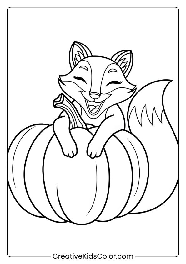 Fox Coloring Page Of A Happy Fox Hugging A Pumpkin, Ideal For Autumn-Themed Coloring And Joyful Seasonal Vibes.