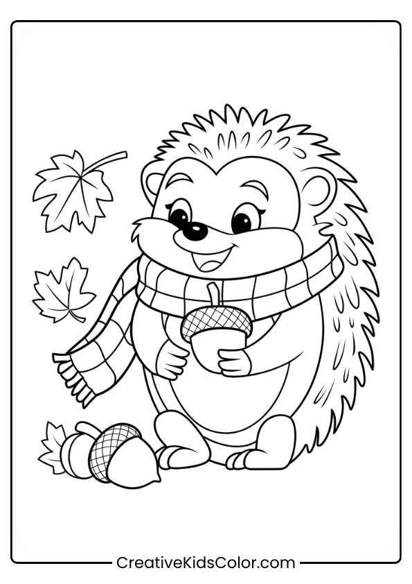 A Scarf-Wearing Hedgehog Holding An Acorn Is Featured In This Autumn-Themed Coloring Page.