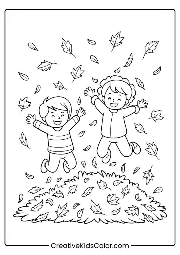Kids Jumping In A Pile Of Autumn Leaves, Depicted In This Playful Fall Coloring Page.
