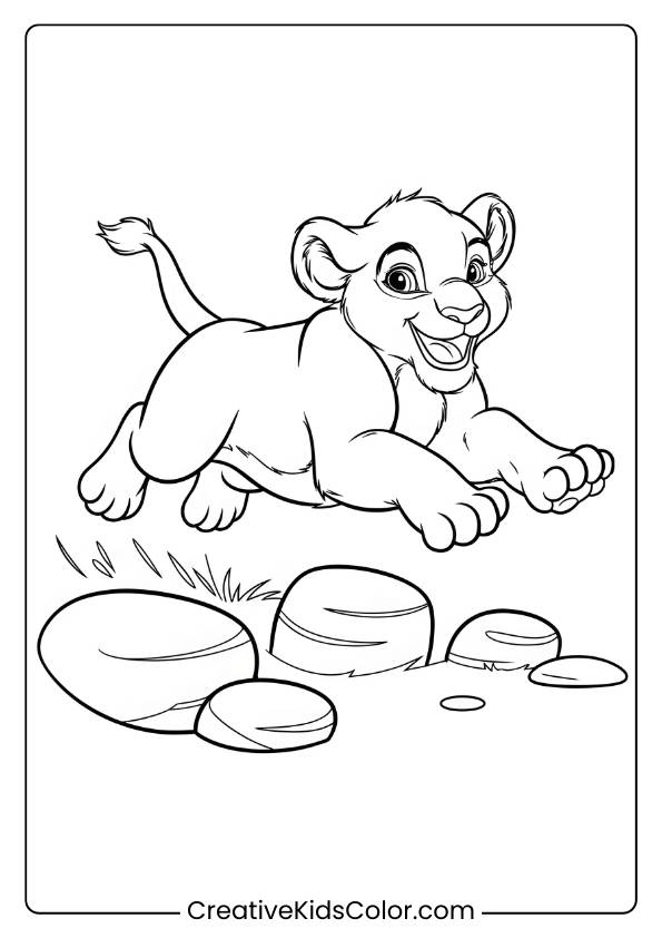 A Happy Lion Cub Jumping Over Rocks, Perfect For An Energetic And Playful Lion Coloring Page For Kids.