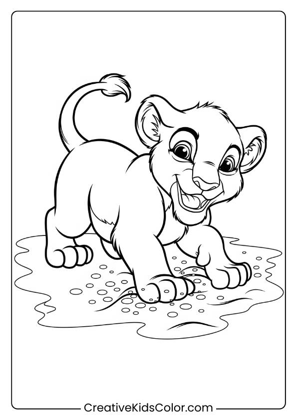 A Happy Lion Cub Playing In The Sand, Offering A Fun And Energetic Lion Coloring Page For Children.