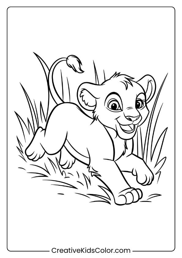A Happy Lion Cub Playing In Tall Grass, Providing A Lively And Fun Lion Coloring Page For Children.