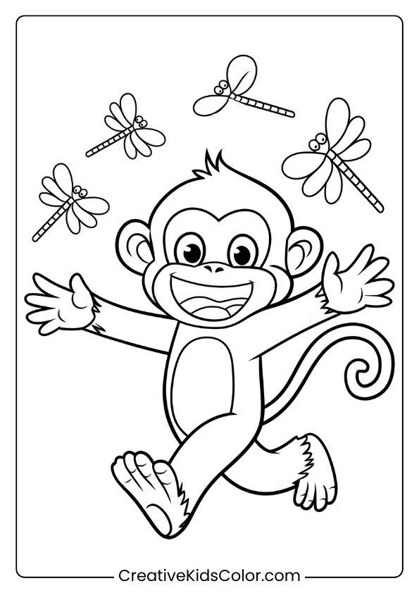 This Coloring Page Shows A Monkey Happily Chasing Dragonflies, Creating A Fun And Lively Jungle Scene.