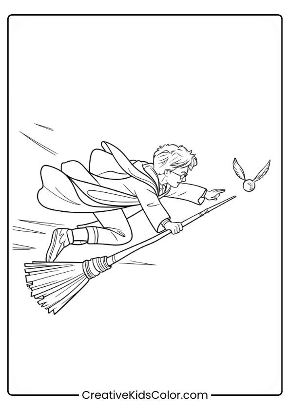 Harry Potter Flies On His Broomstick, Reaching Out For The Golden Snitch, Capturing A Thrilling Chase In This Coloring Page.