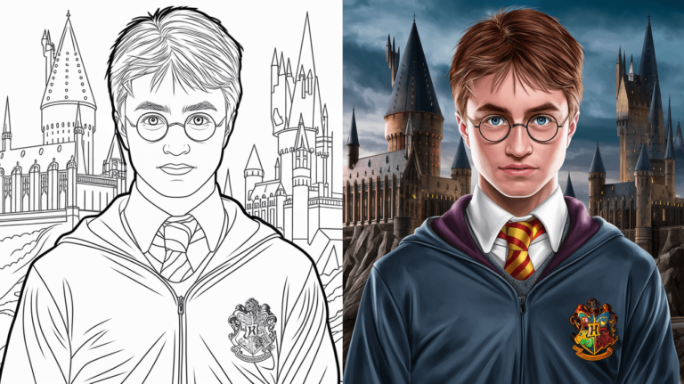 Coloring Page Cover Of Harry Potter, Left Side Uncolored, Right Side Fully Colored With Hogwarts In The Background.
