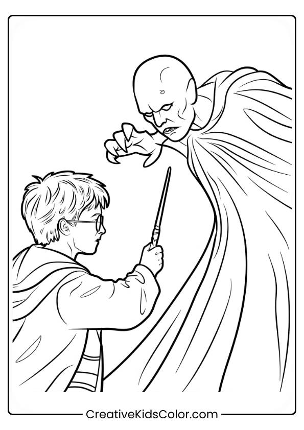 Harry Potter Confronts A Towering Dementor, Raising His Wand In Defense, In This Intense And Magical Coloring Page.