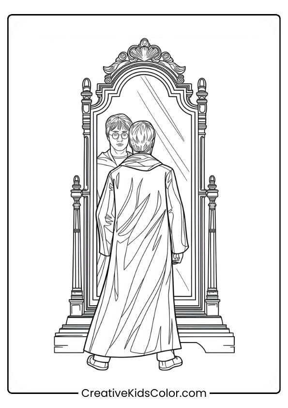 Harry Potter Stands Before The Mirror Of Erised, Gazing At His Reflection, In This Emotional And Contemplative Coloring Page.