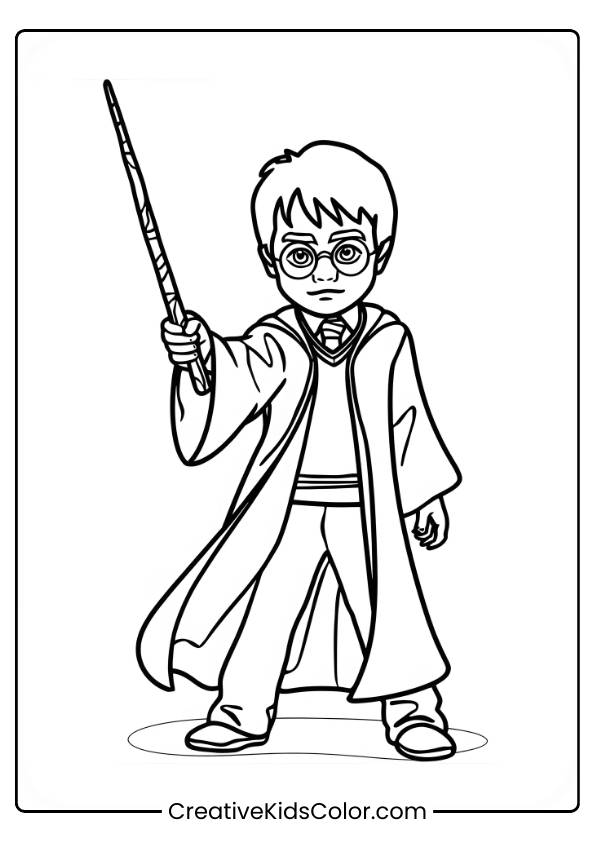 Harry Potter Stands With The Elder Wand Raised In His Hand, Exuding Strength And Determination In This Coloring Page.