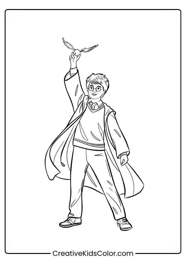 Harry Potter Raises The Golden Snitch In Victory, Dressed In His Hogwarts Robe, In This Detailed Coloring Page.