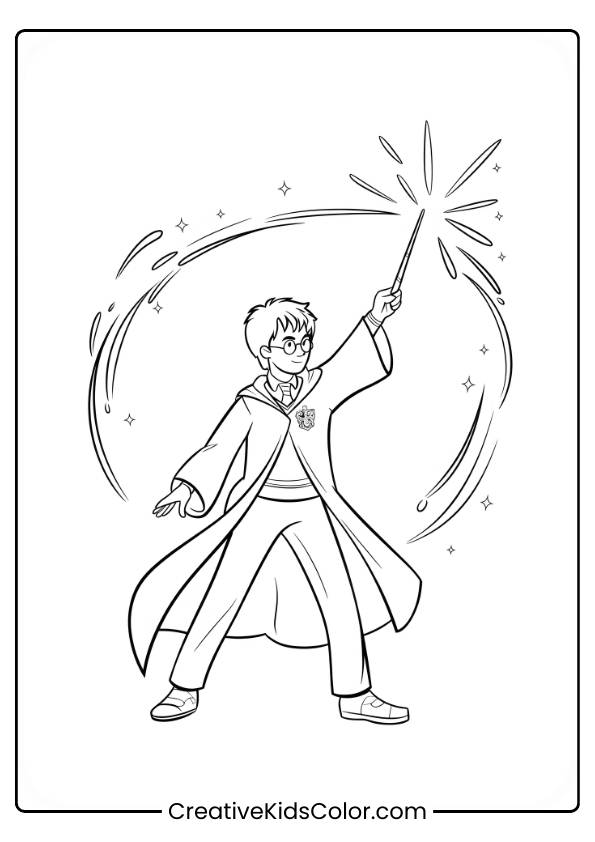 Harry Potter Performs A Powerful Charm, Casting A Radiant Beam From His Wand, Surrounded By Magical Star-Like Patterns In This Coloring Page.