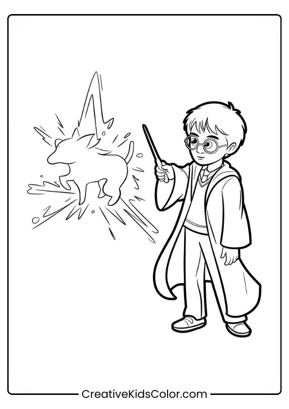 Harry Potter Stands Confidently As He Conjures A Patronus Shaped Like A Dog, Wand Extended In This Magical Coloring Page.