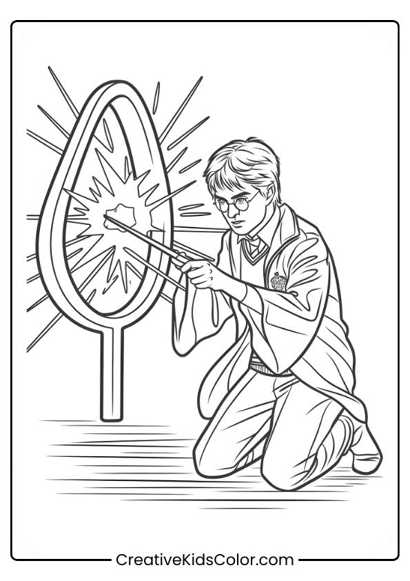 Harry Potter Kneels While Concentrating On A Glowing Object, Using His Wand To Unlock The Horcrux In This Coloring Page.