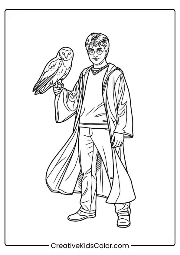 Harry Potter Stands Confidently Holding Hedwig On His Arm, Both Figures Captured In This Simple Yet Detailed Coloring Page.