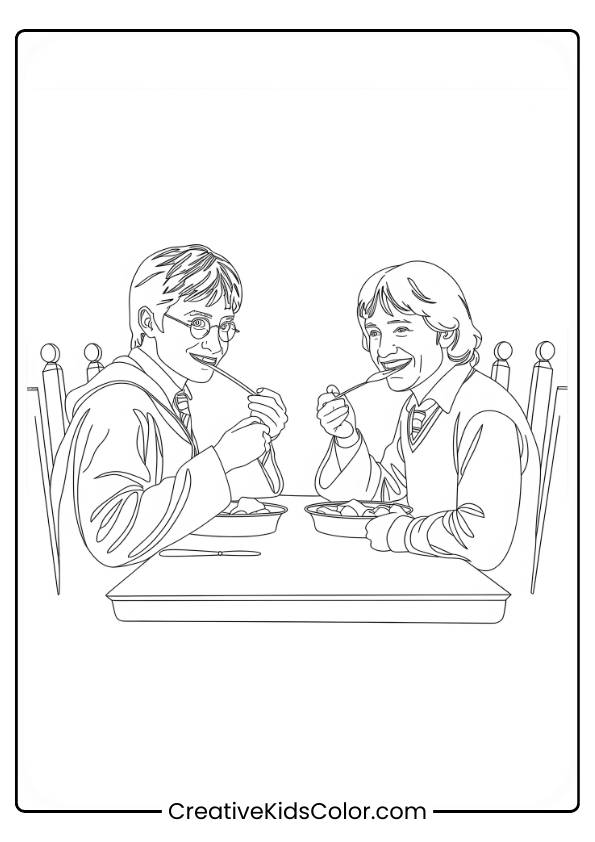 Harry Potter And Ron Weasley Sit In The Great Hall, Eating Together, In This Warm And Inviting Coloring Page.