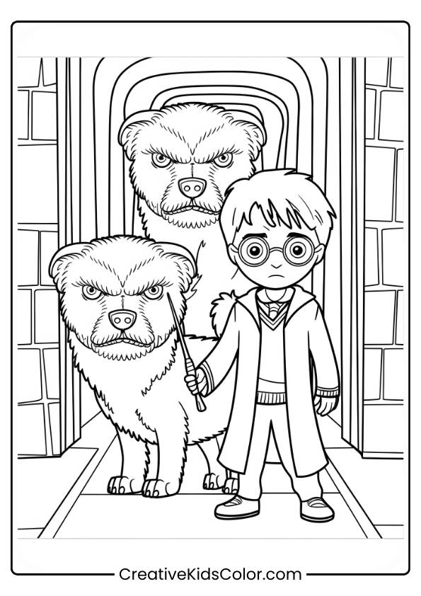 Harry Potter Faces The Three-Headed Dog Fluffy In A Tense Moment In The Forbidden Corridor In This Action-Packed Coloring Page.