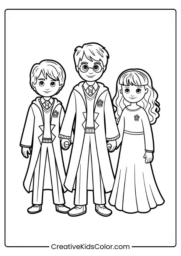 Harry Potter, Ron, And Hermione Stand Together, Dressed For The Yule Ball, In This Elegant And Festive Coloring Page.