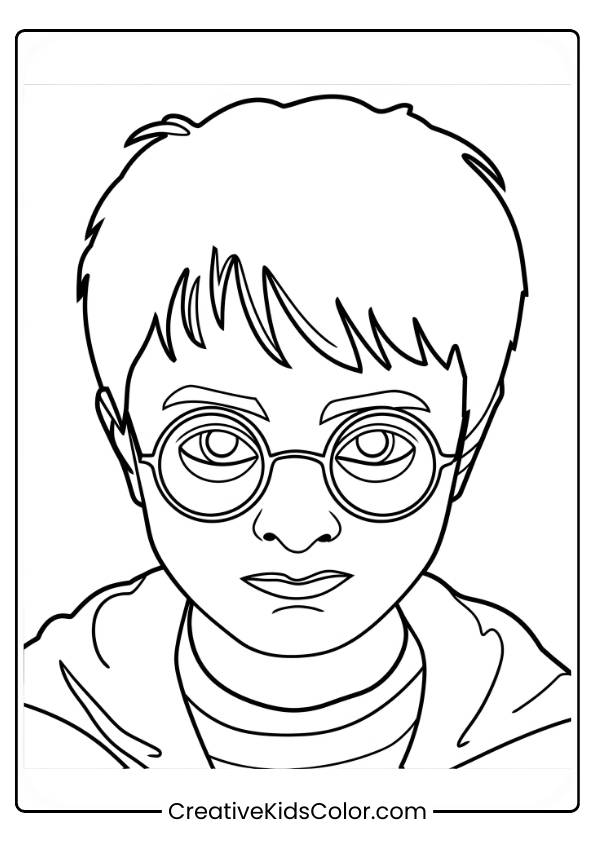 A Detailed Close-Up Of Harry Potter'S Face, Featuring His Glasses And Tousled Hair, Conveying A Heroic Look In This Coloring Page.