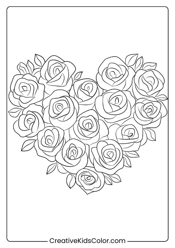 Coloring Page With A Heart-Shaped Rose Bouquet, Displaying Intricate Petals And Leaves For A Charming Effect.