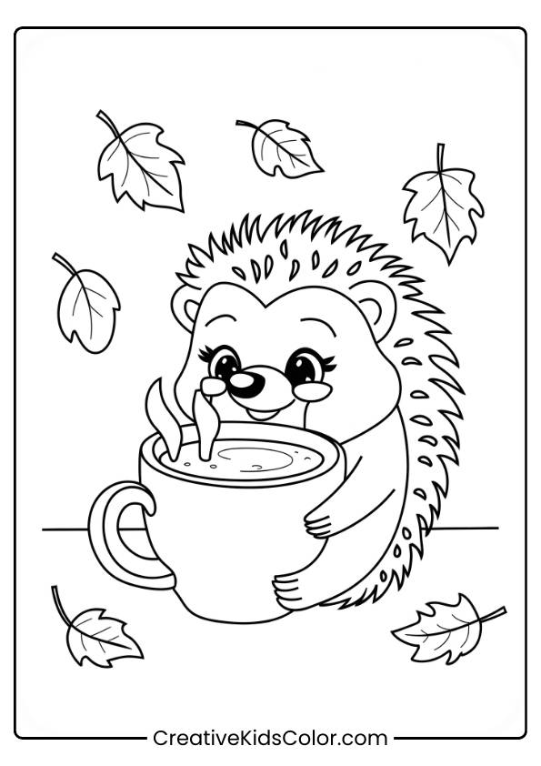 A Hedgehog Holding Hot Chocolate While Surrounded By Autumn Leaves In This Cozy Fall Coloring Page.