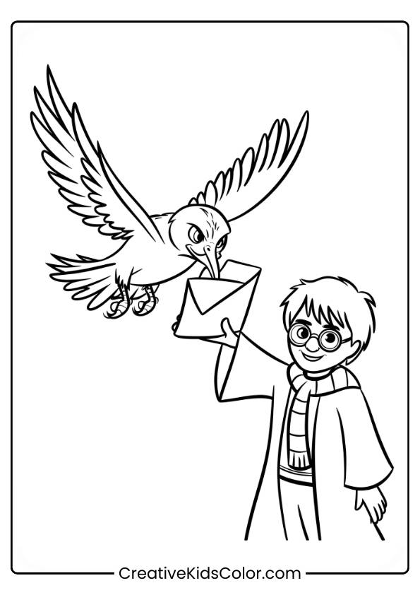 Hedwig Is Seen Delivering A Letter In Flight, Approaching Harry Potter, Who Waits In Anticipation In This Coloring Page.