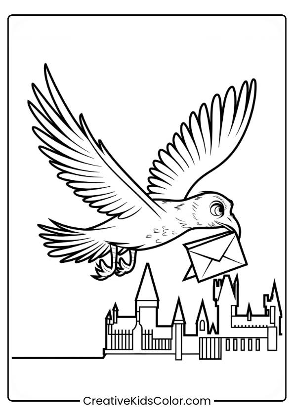 Hedwig Soars Through The Sky, Carrying A Letter, As The Hogwarts Castle Stands Majestically In The Background Of This Coloring Page.