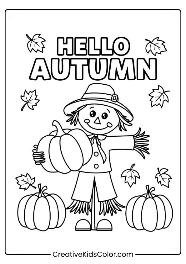 A Scarecrow Holding A Pumpkin With &Quot;Hello Autumn&Quot; For A Fall-Themed Coloring Page.