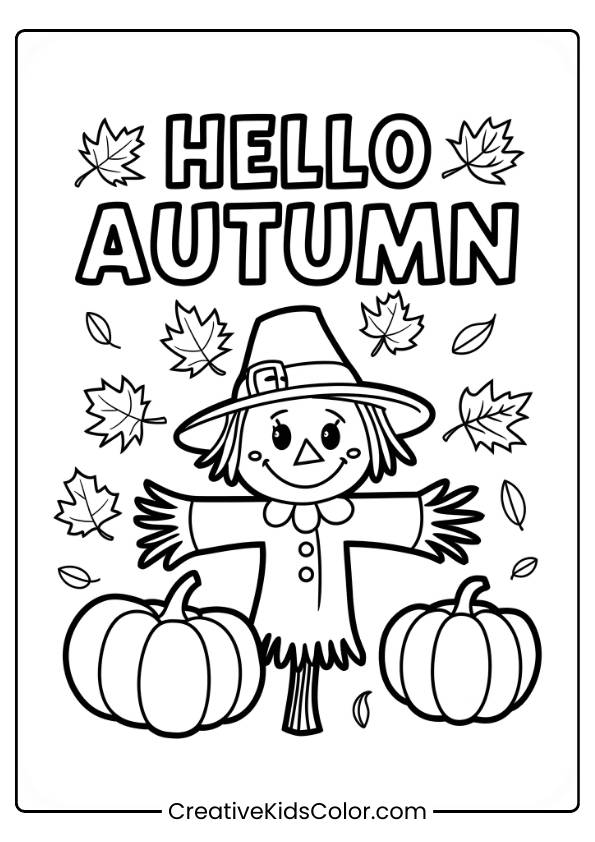 A Scarecrow Holding A Pumpkin With &Quot;Hello Autumn&Quot; Text In This Fall Coloring Page.