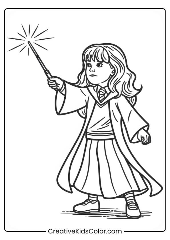 Hermione Granger Stands Confidently, Casting A Spell With Her Wand, Magical Sparks Radiating Around Her In This Coloring Page.