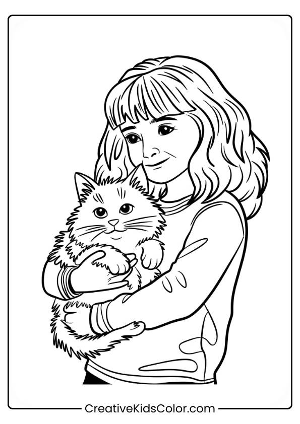 Hermione Granger Holds Her Fluffy Cat, Crookshanks, Lovingly In Her Arms, Conveying A Moment Of Calm In This Detailed Coloring Page.