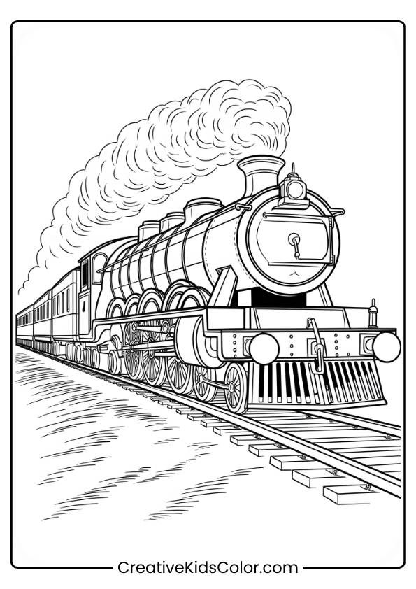 The Hogwarts Express Rushes Along The Tracks, Billowing Smoke Into The Sky, Capturing A Thrilling Moment In This Detailed Coloring Page.