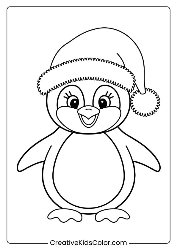 A Penguin With A Santa Hat, A Festive Holiday Penguin Coloring Page.