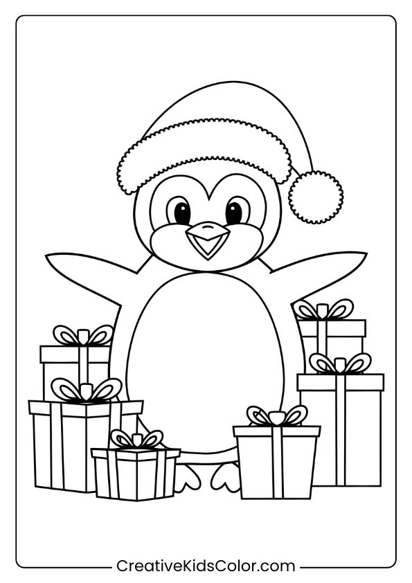 A Holiday Penguin With A Santa Hat And Presents, A Festive Christmas Penguin Coloring Page.